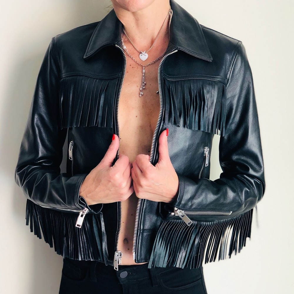 Saint Laurent Black fringe women leather jacket